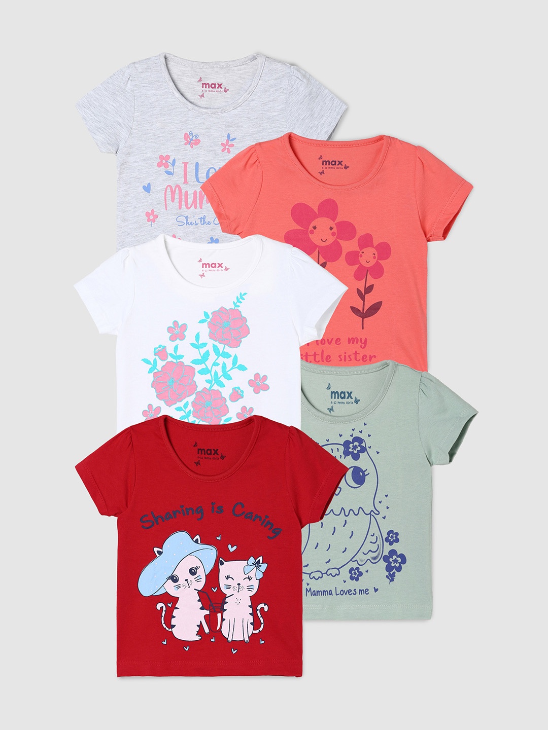 

max Girls Pack Of 5 Typography Printed Casual T-Shirts, Multi