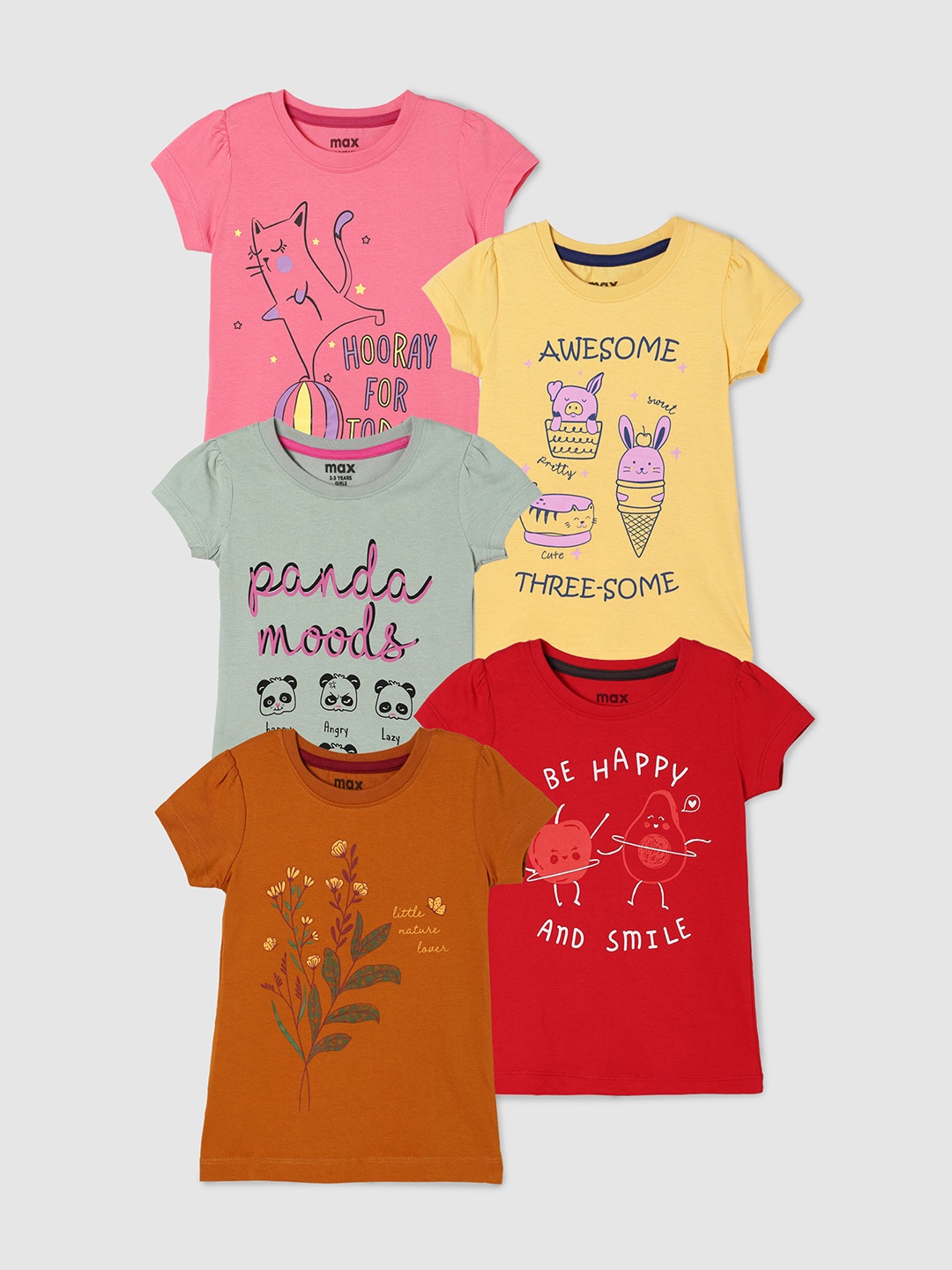 

max Girls Pack Of 5 Pure Cotton T-shirts, Red