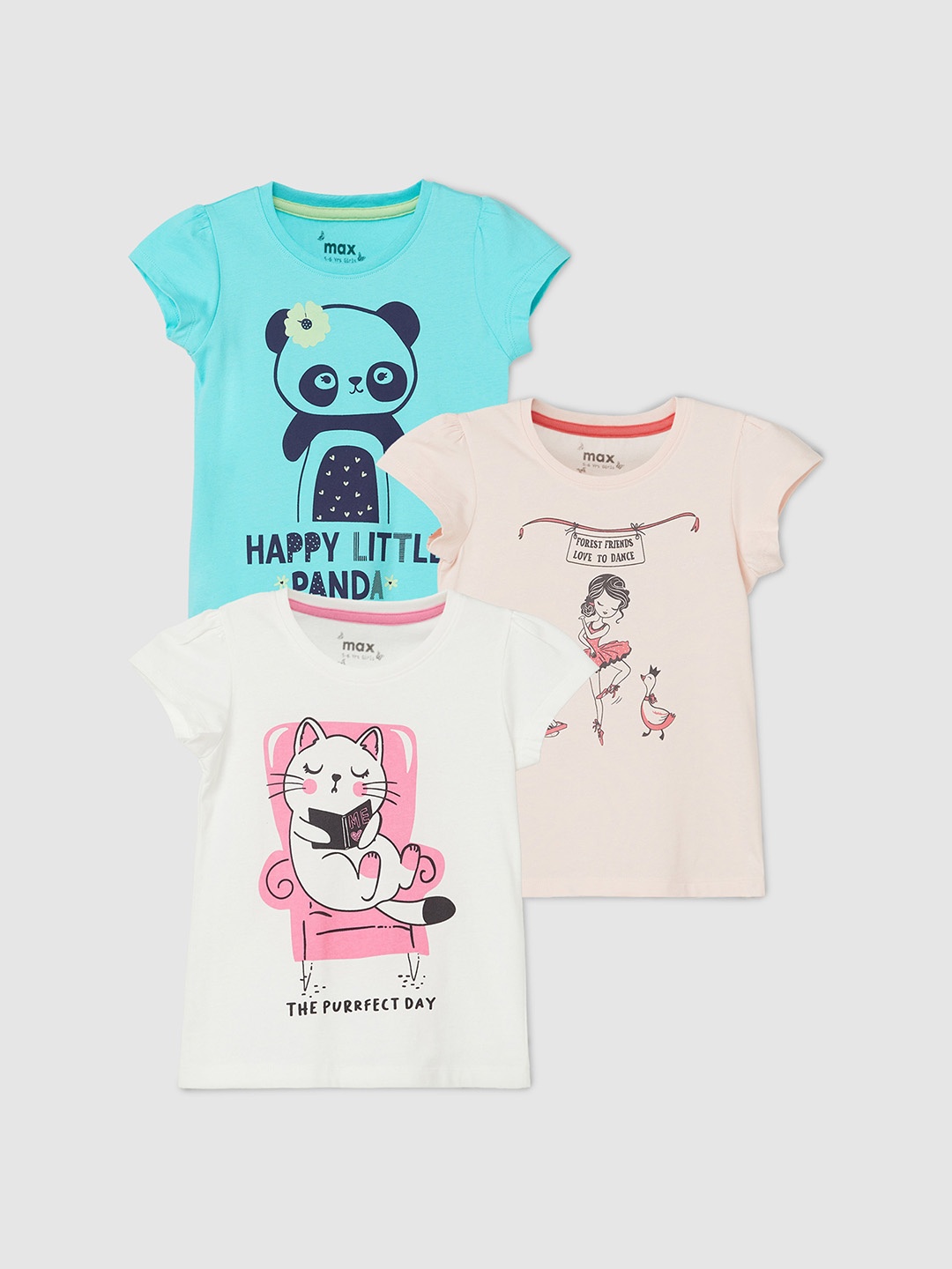

max Girls Pack of 3 Printed Pure Cotton T-shirts, Blue