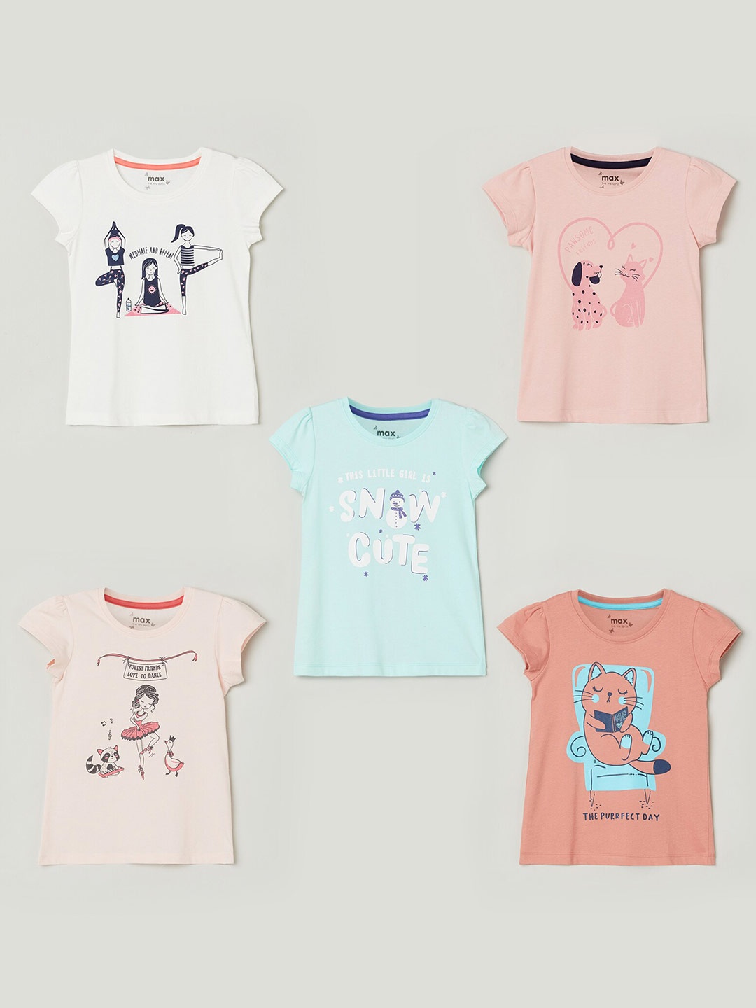 

max Girls Pack Of 5 Pure Cotton T-shirts, White