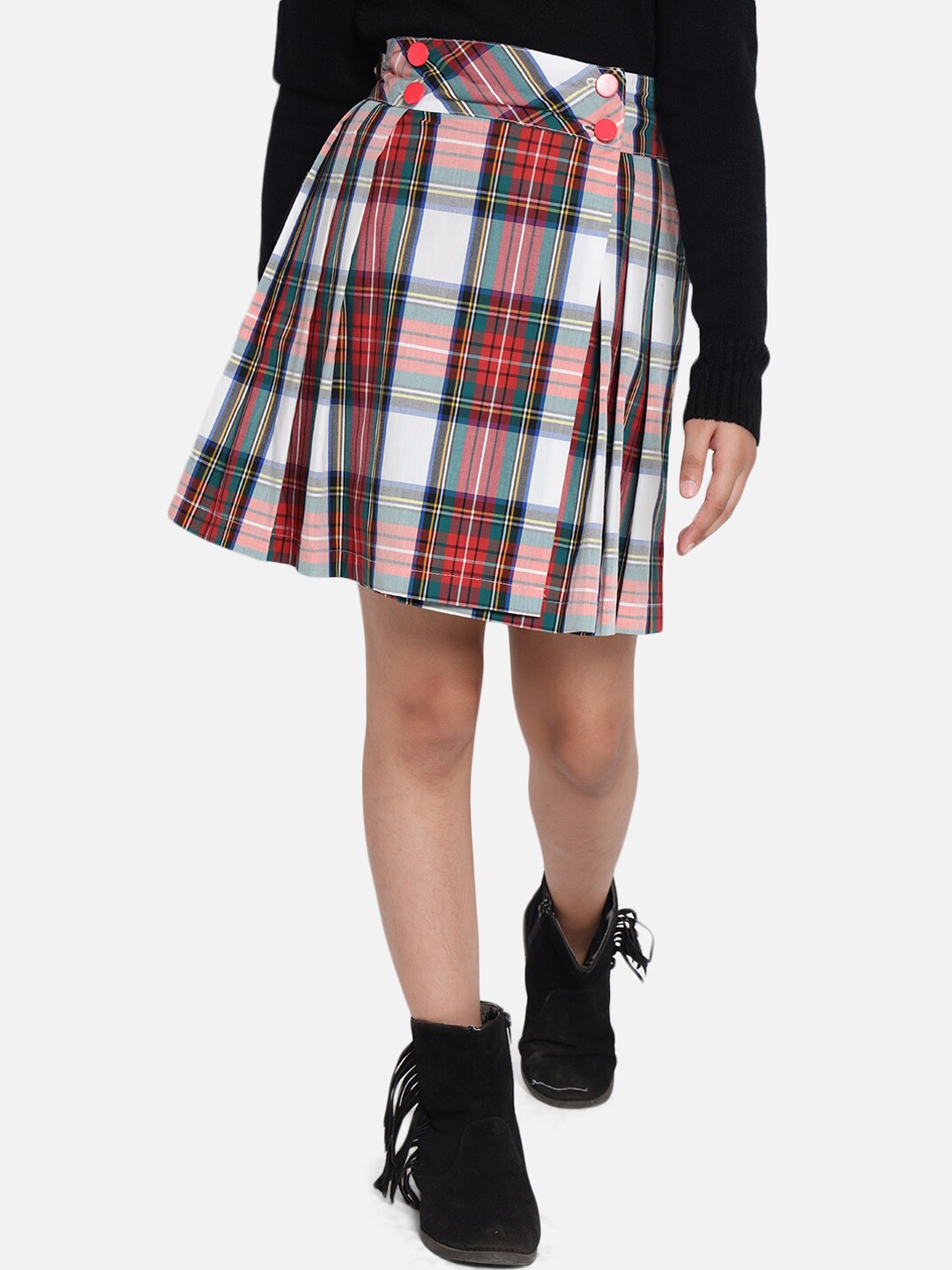 

Natilene Girls Cotton Red & White Checked Pleated A-line Mini Skirt