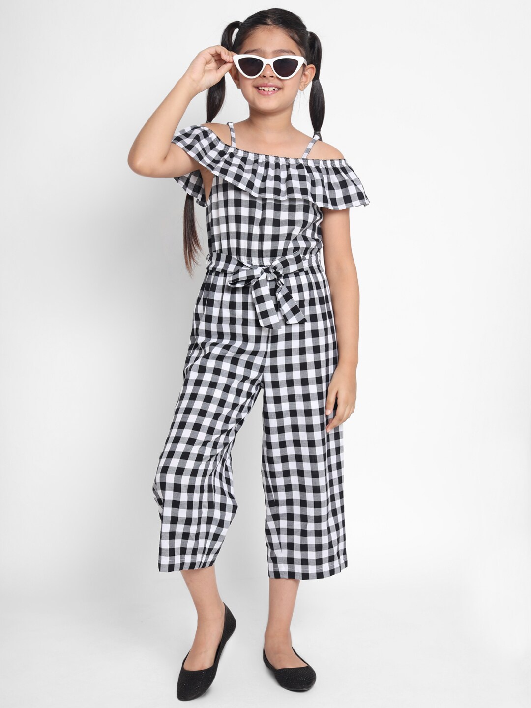 

Natilene Girls Cotton Black & White Checked Jumpsuit