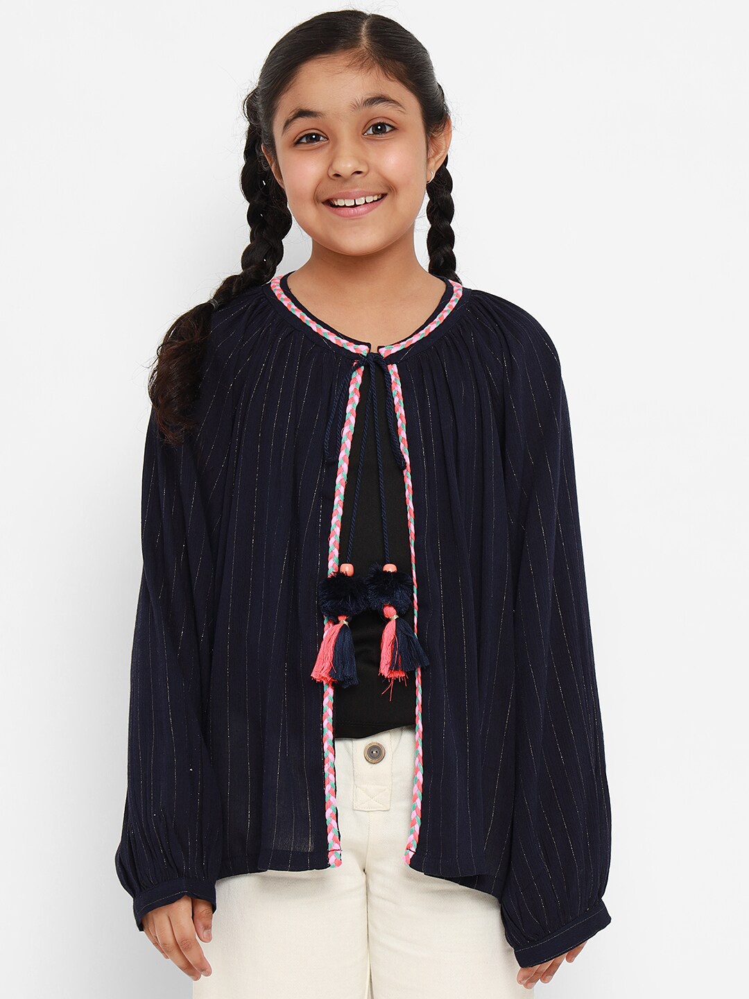 

Natilene Girls Navy Blue Striped Tie-Up Neck Bishop Sleeves Regular Top