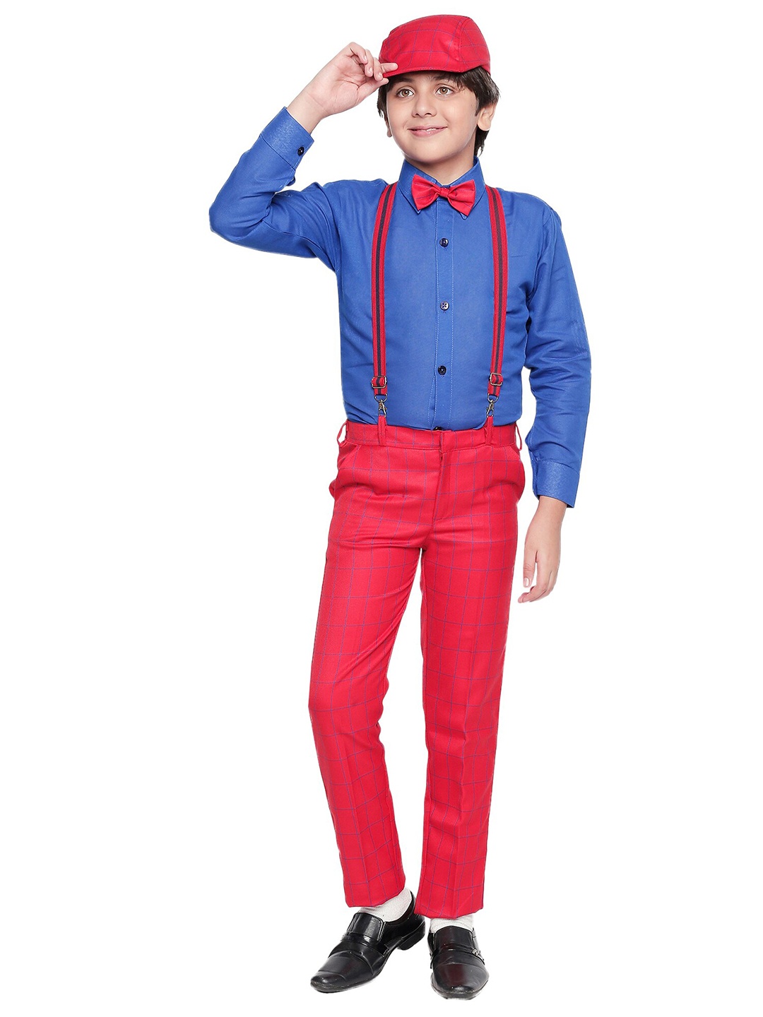 

Jeetethnics Boys Red & Blue Shirt with Checked Trousers & Suspender