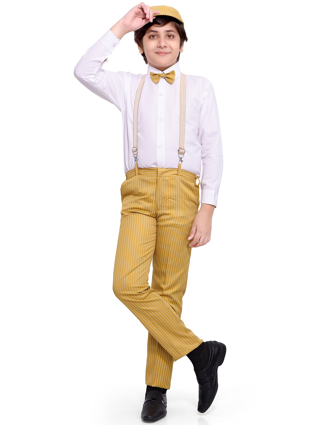 

Jeetethnics Boys White & Yellow Solid Shirt With Trousers & Suspenders