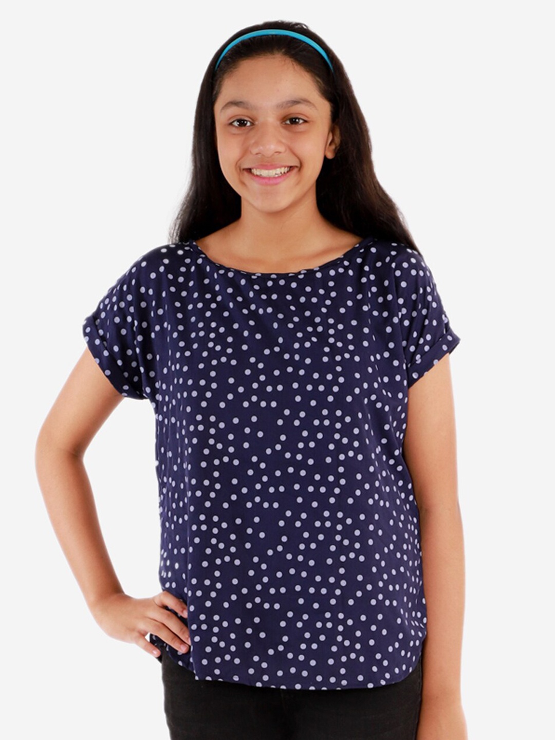

Chipbeys Girls Navy Blue Polka Dot Printed Regular Top