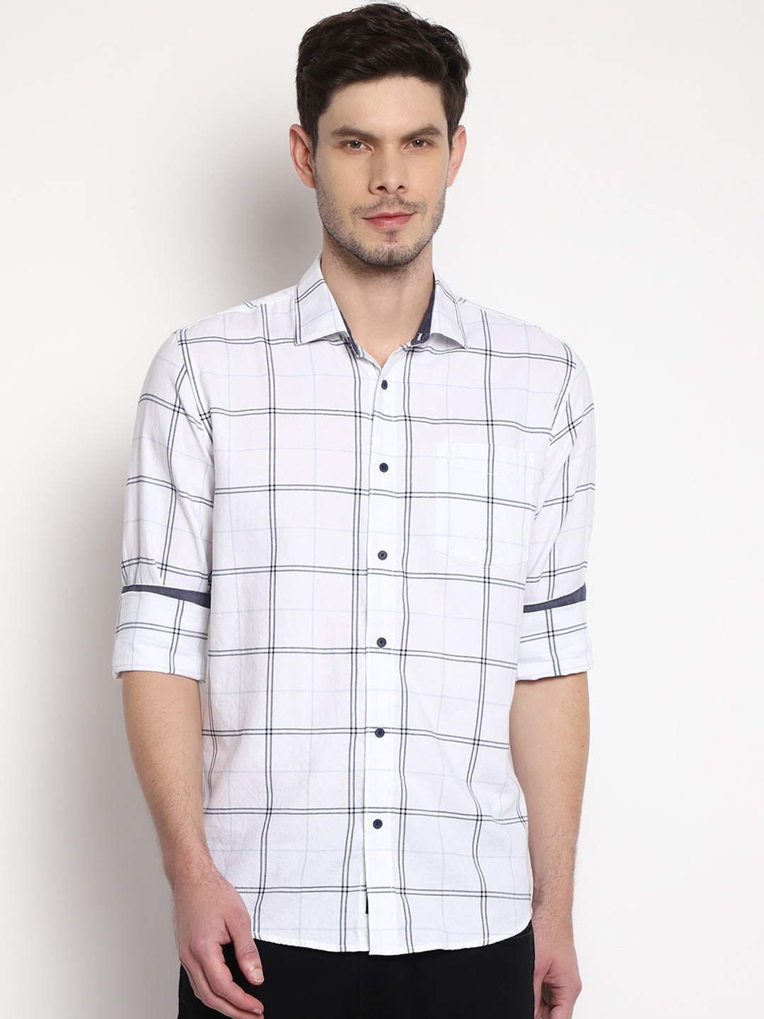 

Blackberrys Men White Slim Fit Windowpane Checks Opaque Checked Cotton Casual Shirt