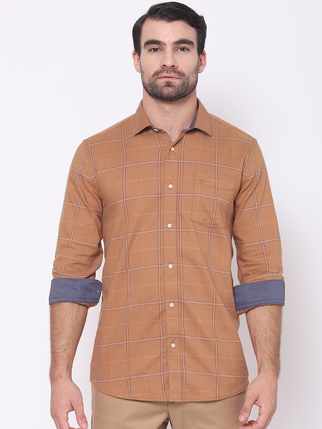

Blackberrys Men Brown & Beige India Slim Fit Windowpane Checks Opaque Cotton Casual Shirt