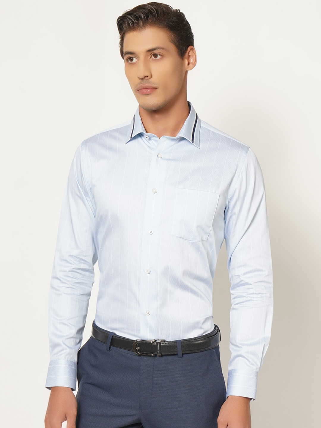 

Blackberrys Men Blue & White India Slim Fit Opaque Striped Cotton Formal Shirt
