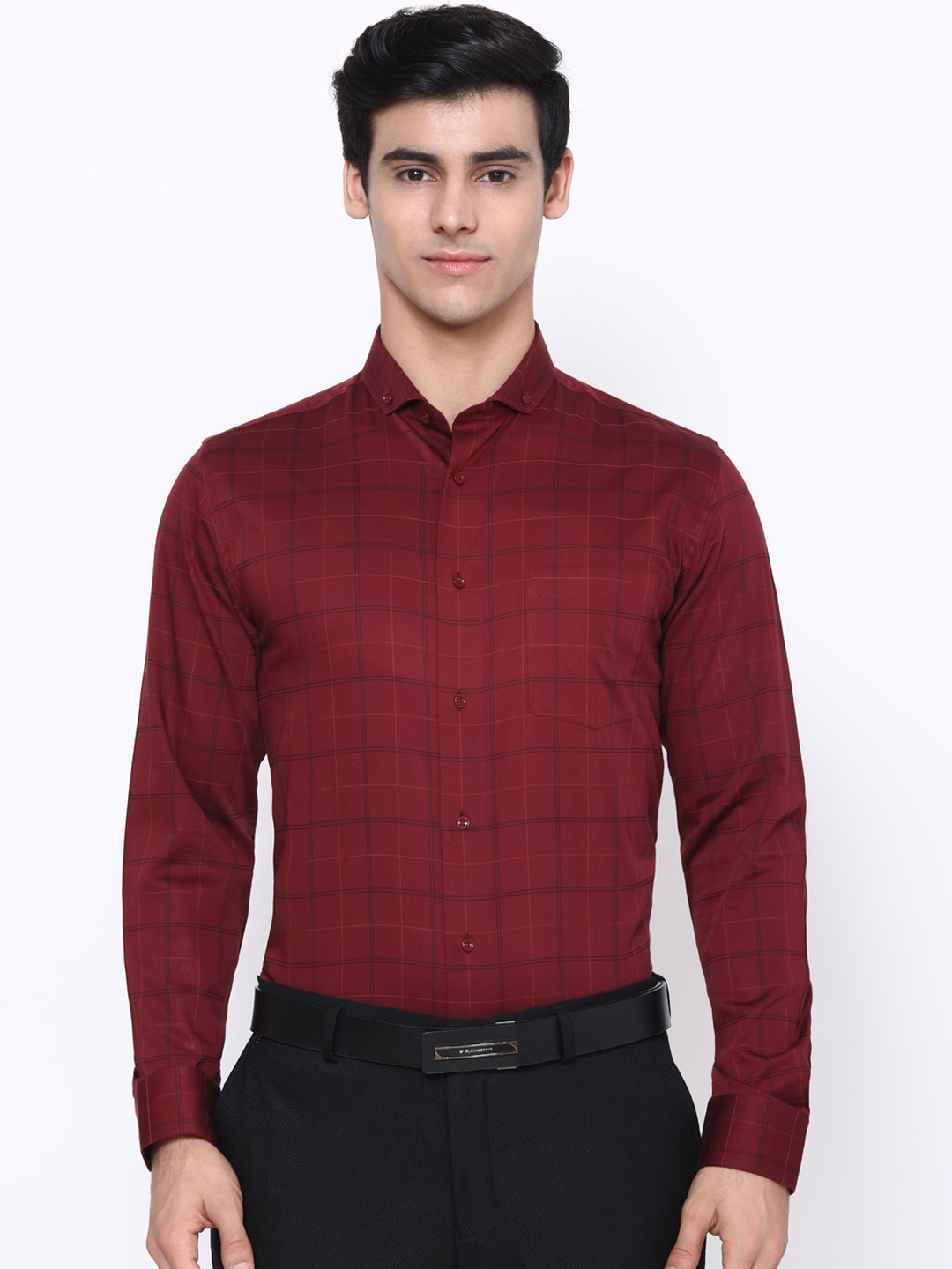 

Blackberrys Men Maroon & Black India Slim Fit Tartan Checks Opaque Cotton Formal Shirt