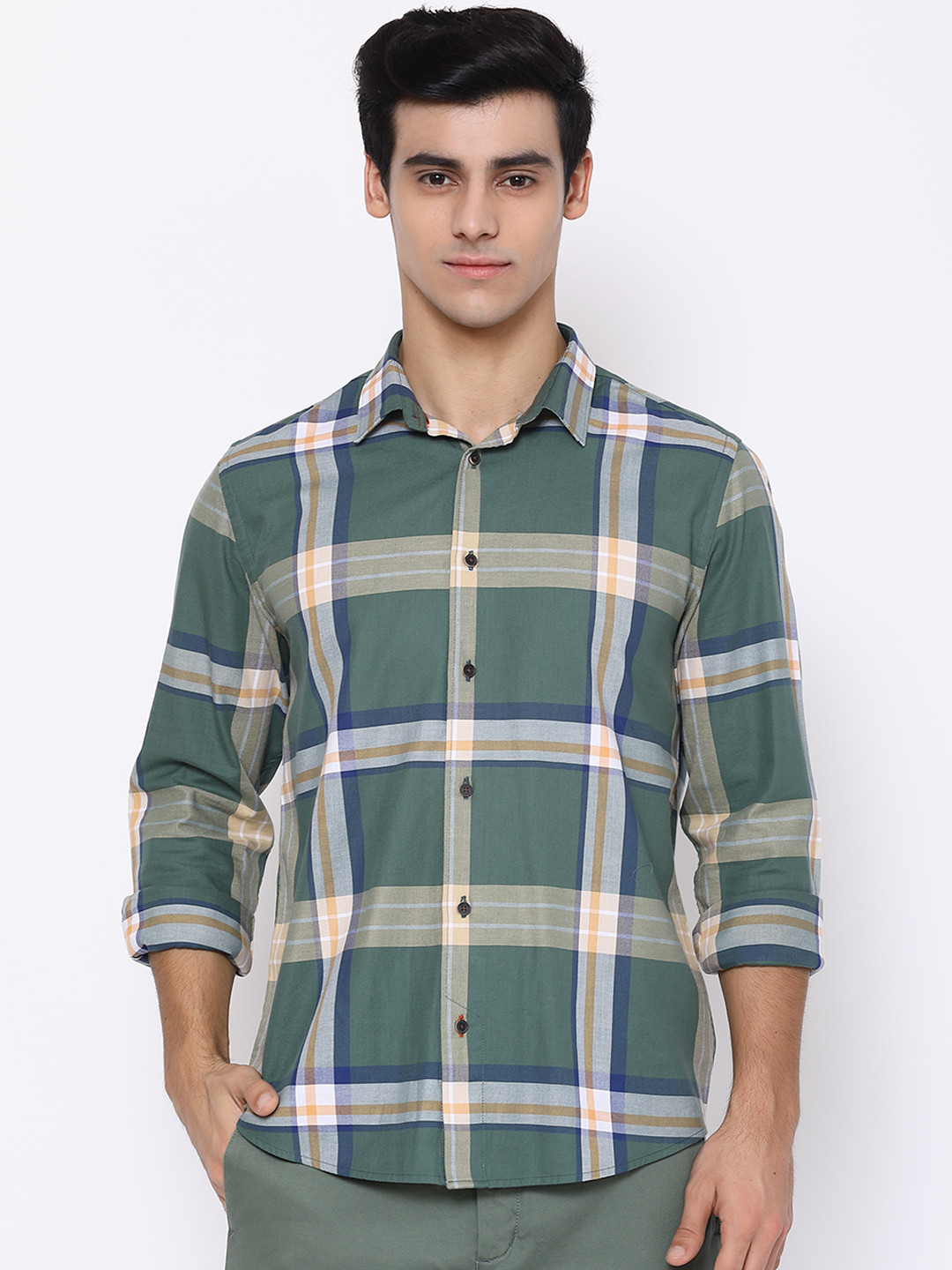 

Blackberrys Men Green & Beige India Slim Fit Tartan Checks Opaque Cotton Casual Shirt