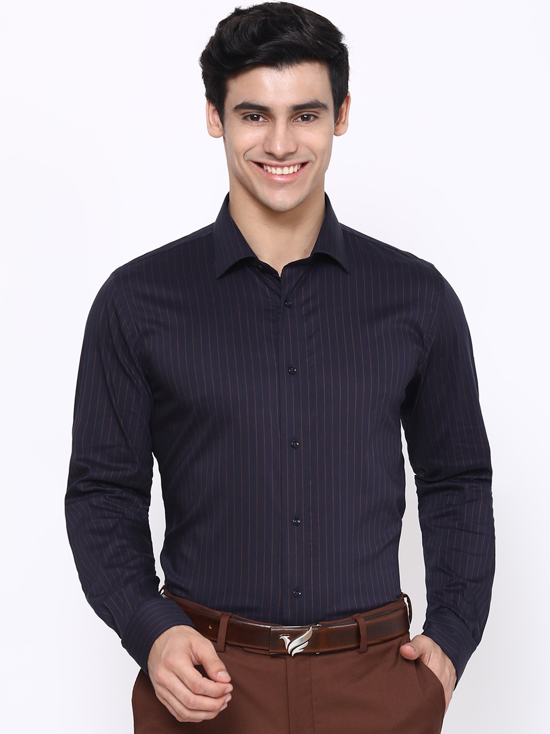 

Blackberrys Men Navy Blue & Brown Slim Fit Opaque Striped Formal Shirt