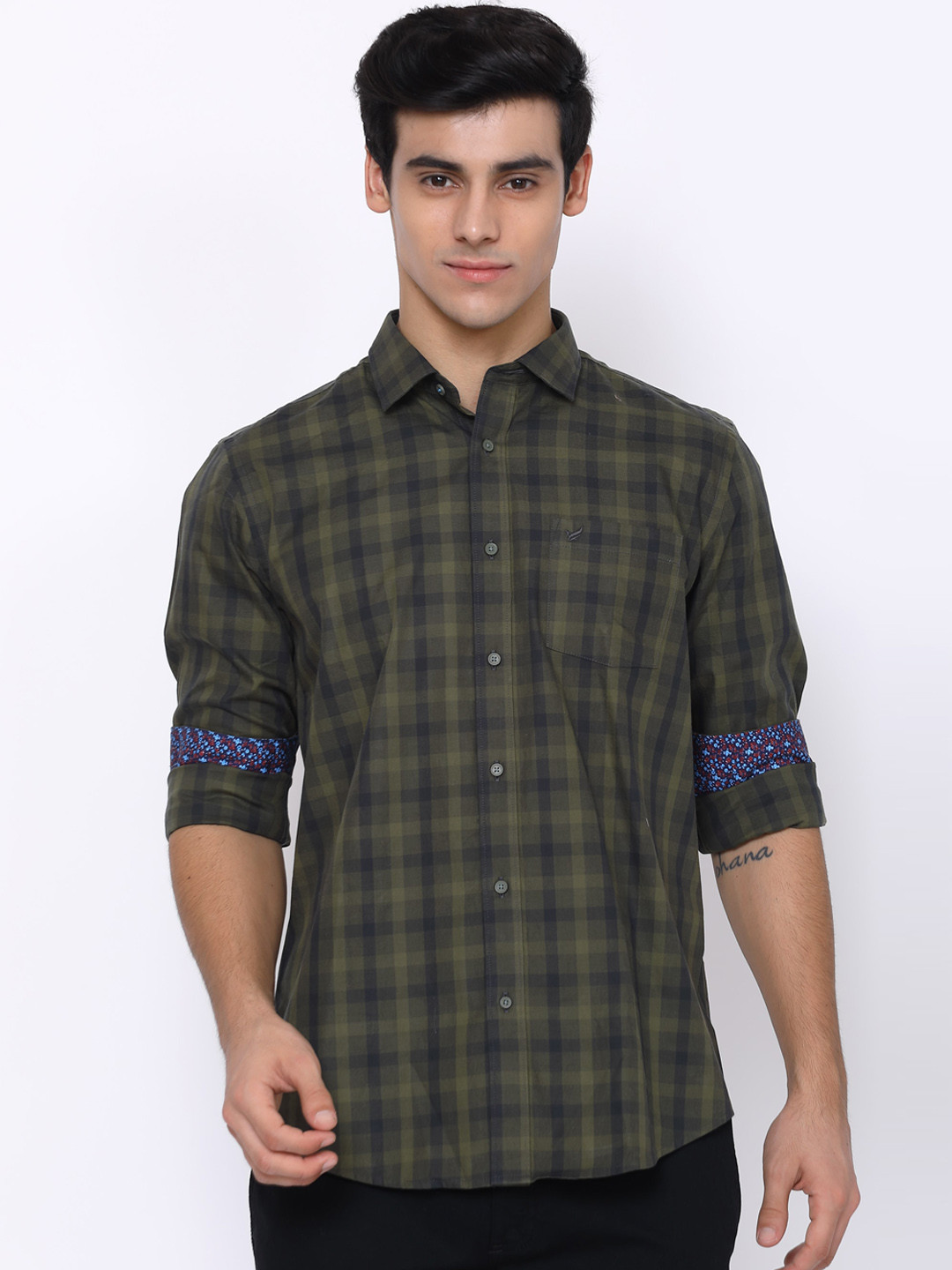 

Blackberrys Men Olive Green & Navy Blue India Slim Fit Checked Cotton Casual Shirt
