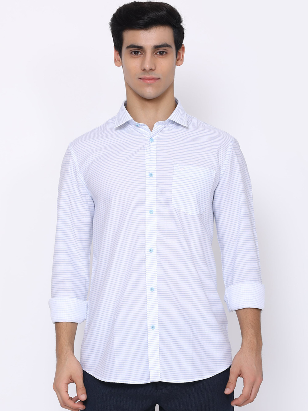 

Blackberrys Men White & Blue Slim Fit Horizontal Stripes Opaque Cotton Casual Shirt
