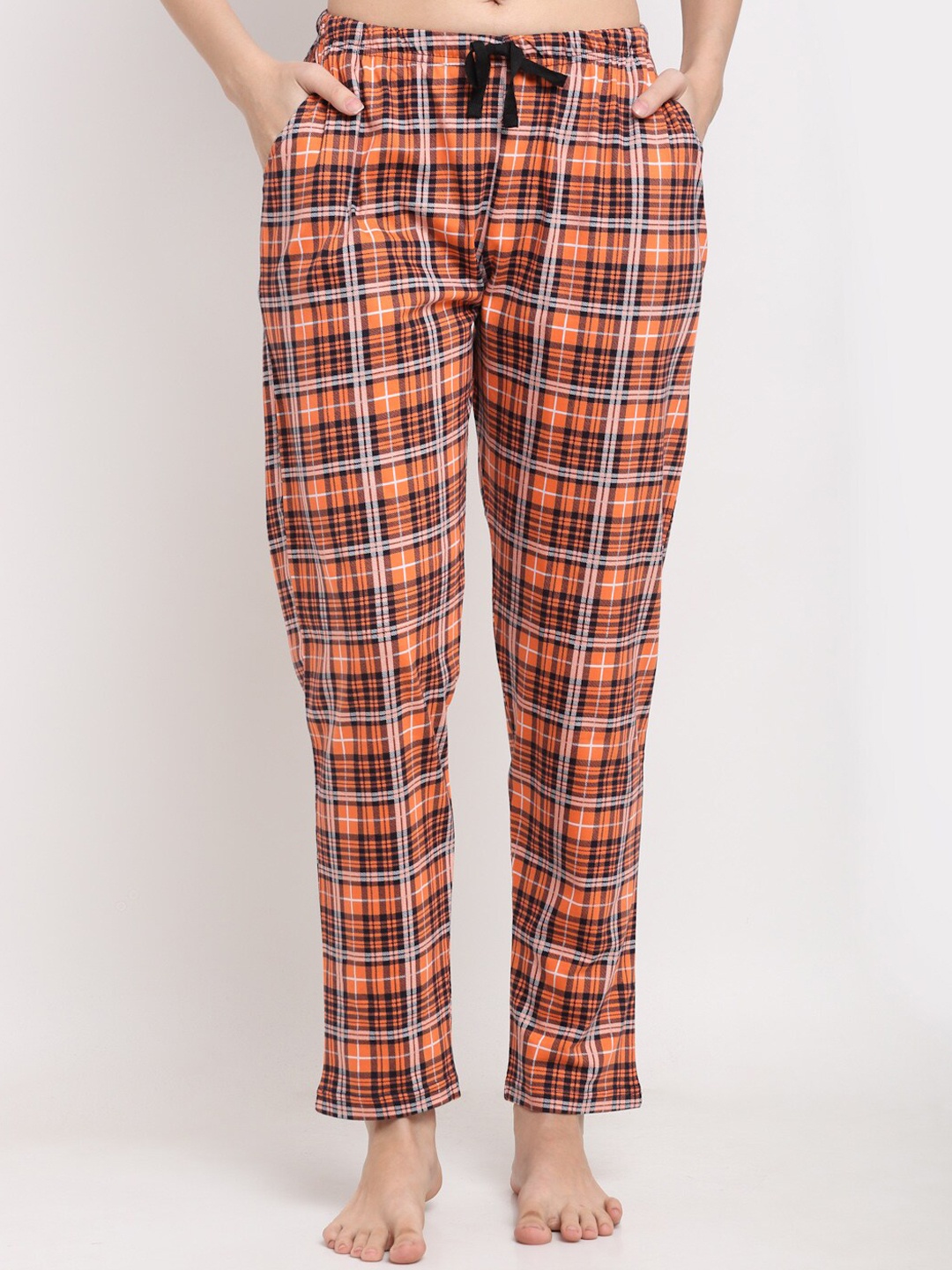 

Kanvin Women Orange & Black Checked Pure Cotton Lounge Pants