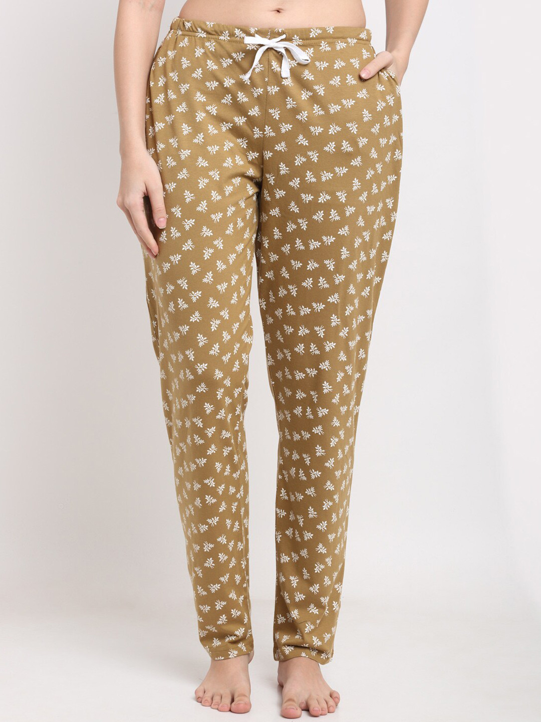 

Kanvin Women Mustard Green & White Printed Cotton Lounge Pants
