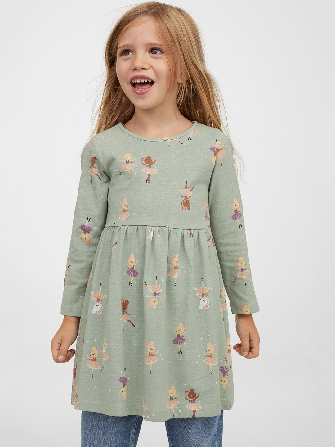 

H&M Girls Green Cotton Printed Jersey Dress