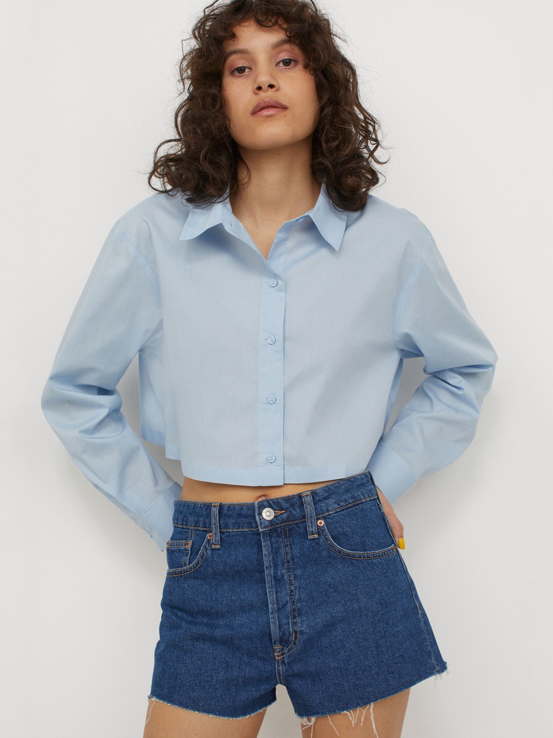 

H&M Women Blue Cropped Cotton shirt