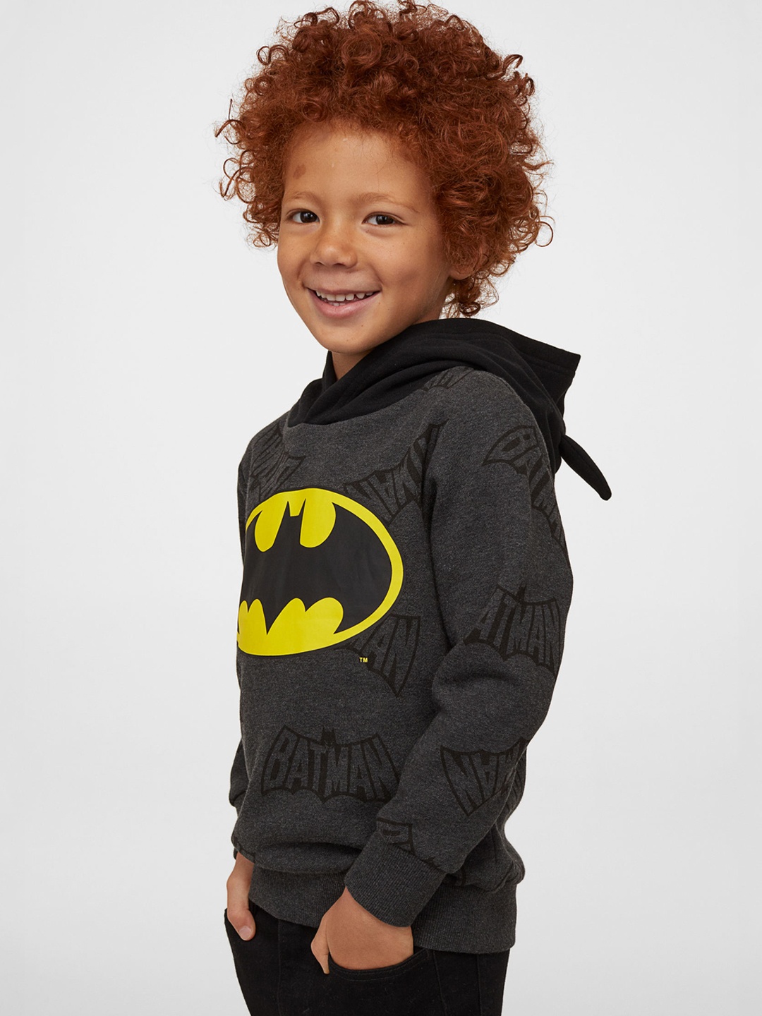 

H&M Boys Charcoal Grey & Yellow Batman Print Ear-Detail Hoodie