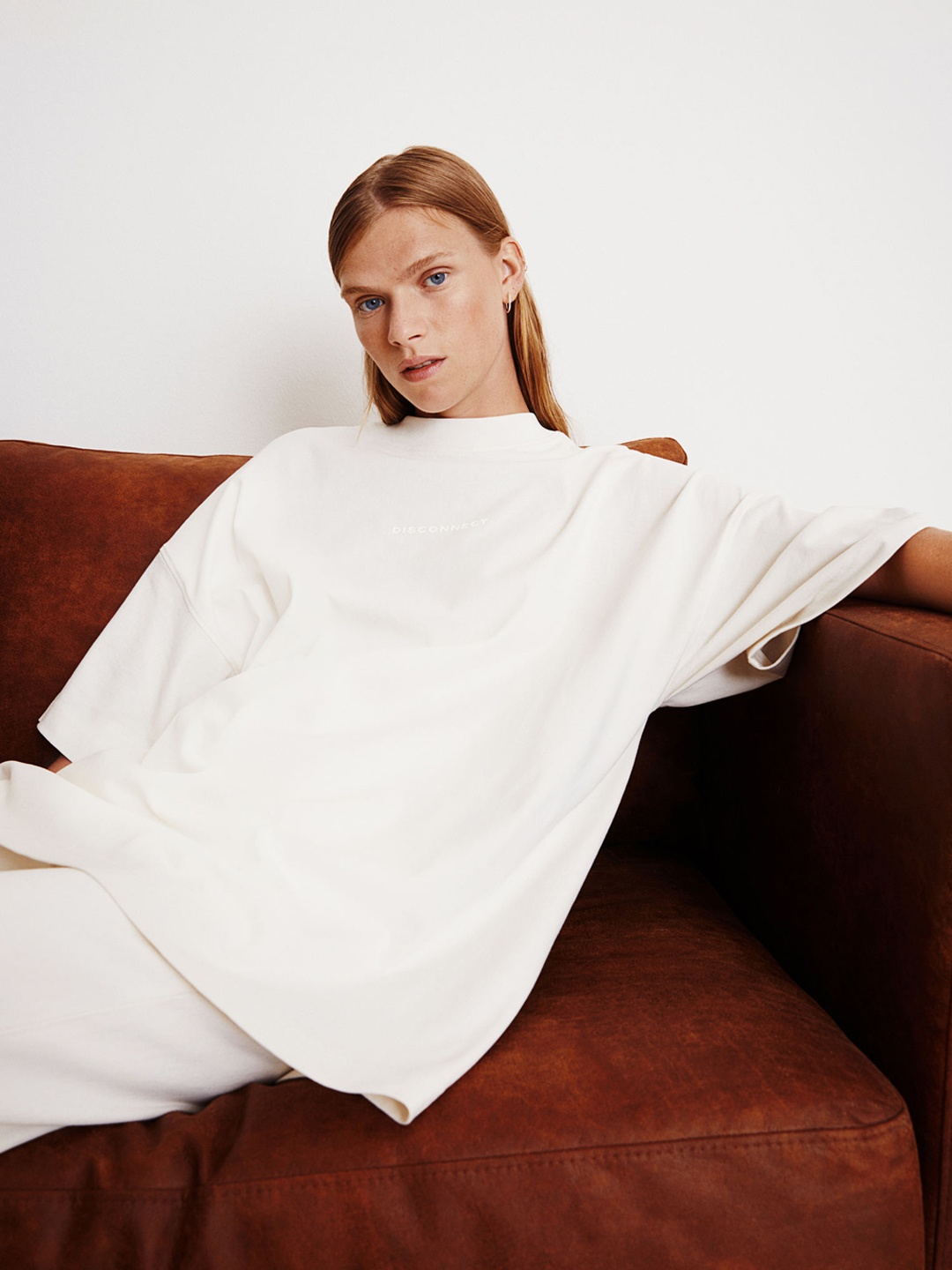 

HM Women White Oversized Pure Cotton T-shirt