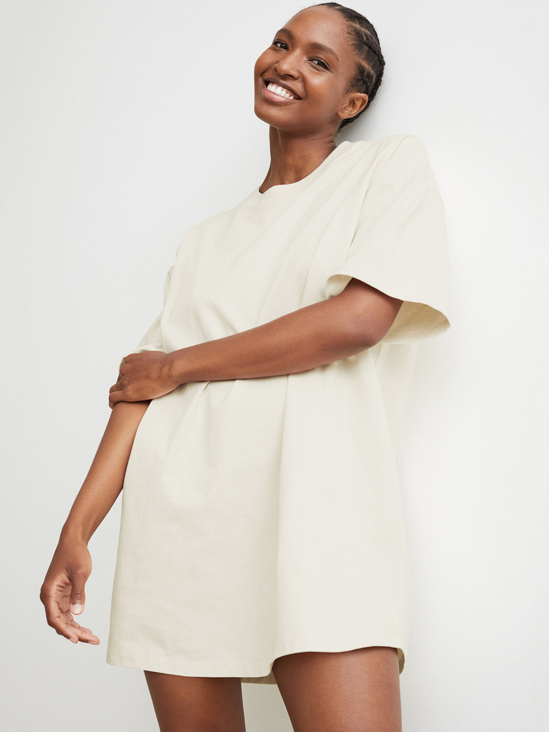

HM Women Beige Oversized Pure Cotton T-shirt