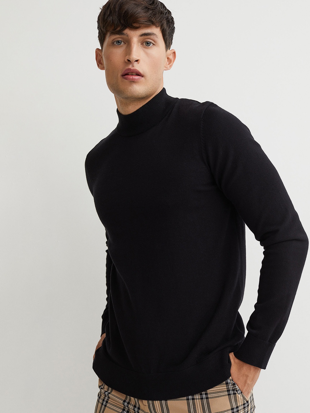 

H&M Men Black Cotton Slim Fit Fine-knit Jumper