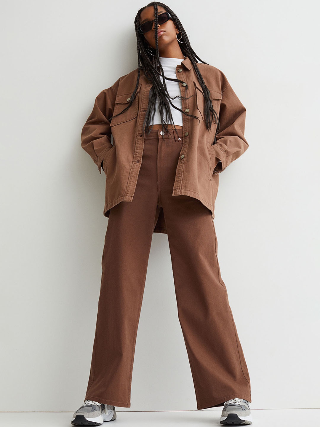 

H&M Women Brown Solid Wide Twill Trousers