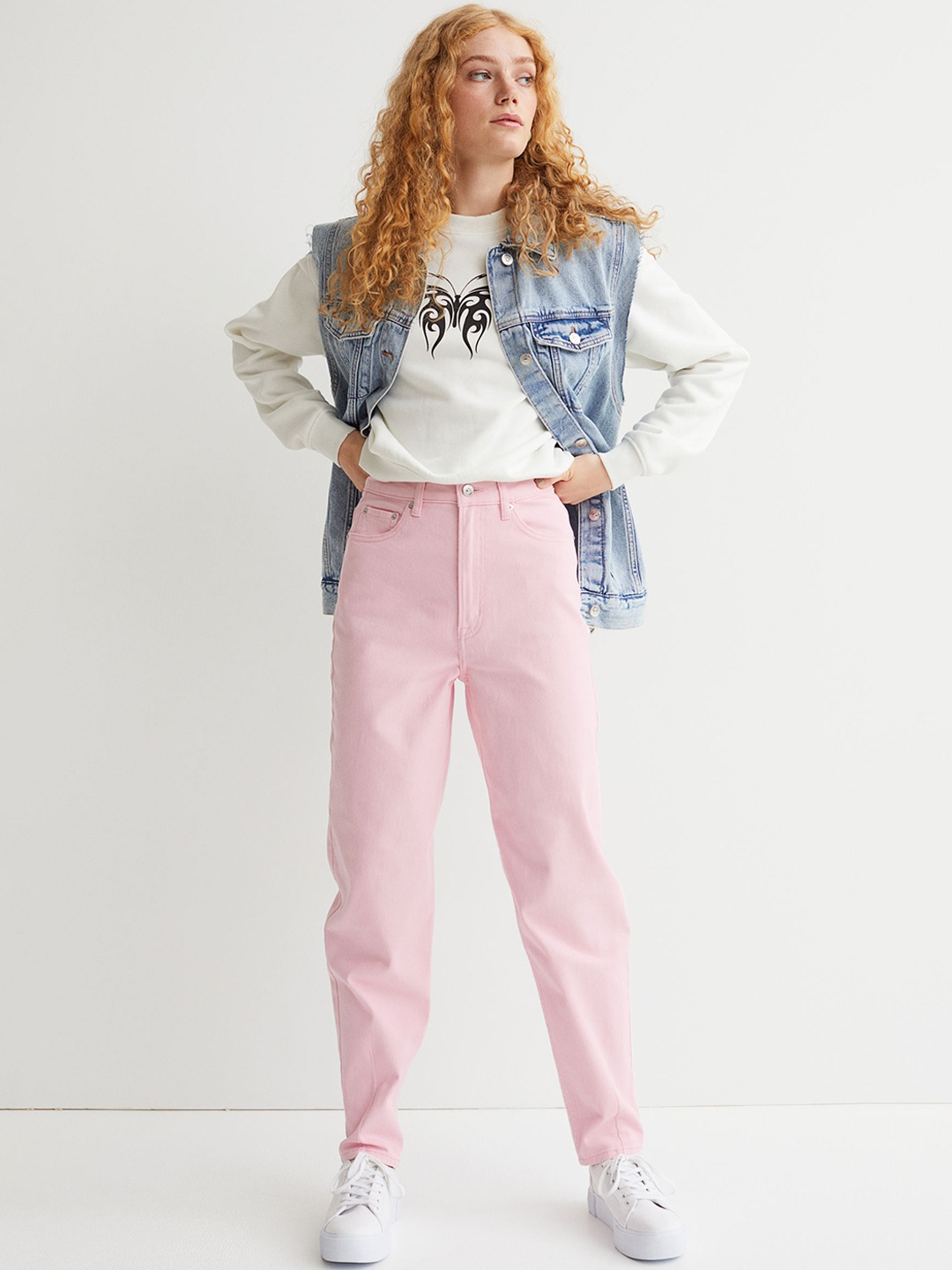 

H&M Women Pink Solid Mom Loose-Fit Twill Trousers