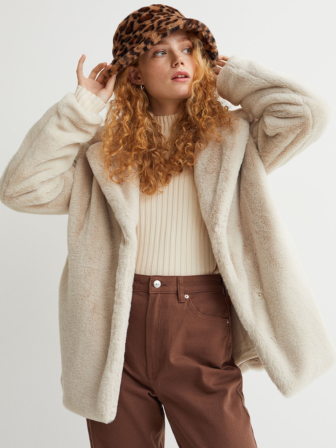 

H&M Women Beige Faux Fur Jacket
