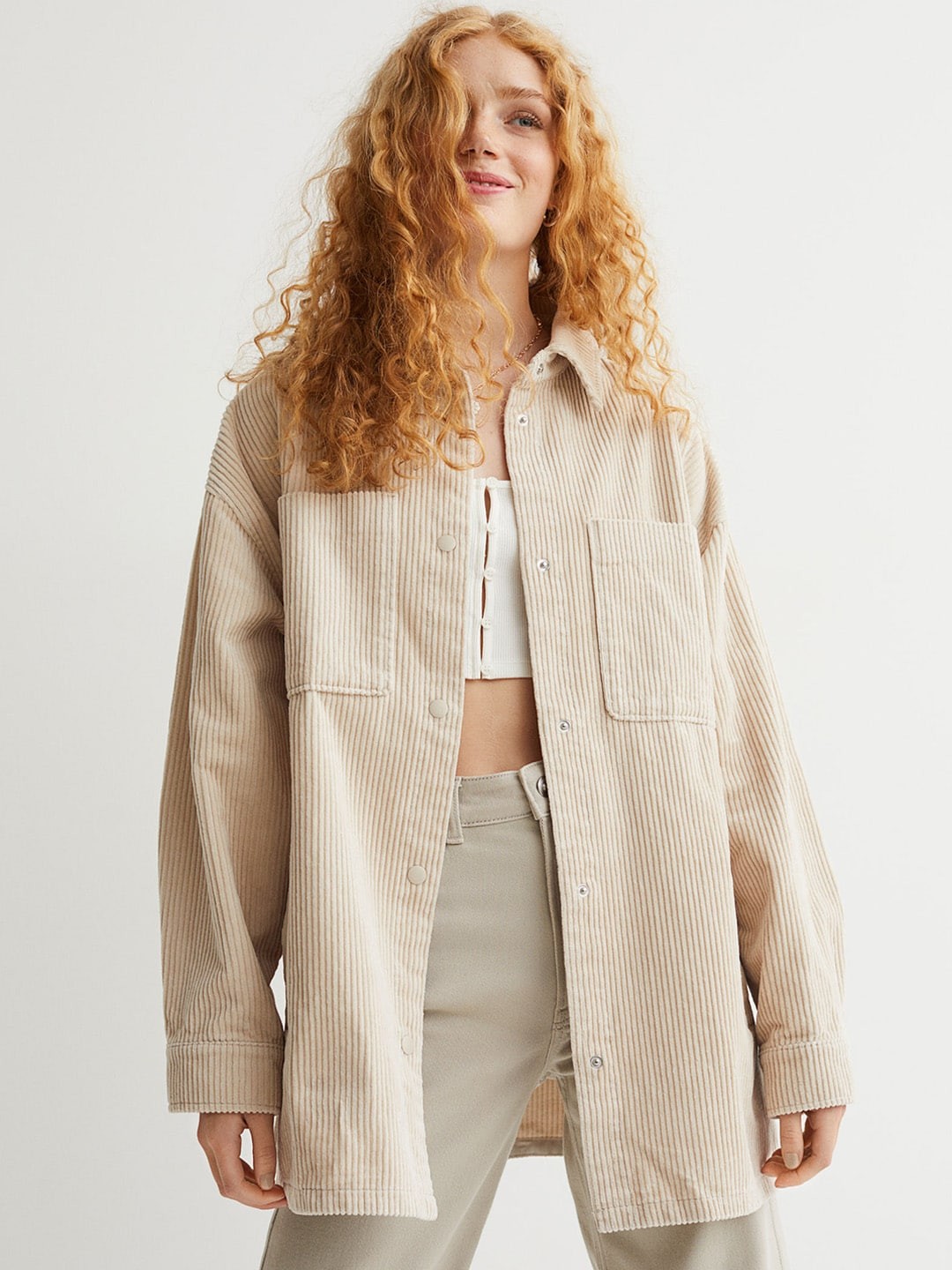 

H&M Women Beige Cotton Shirt Jacket