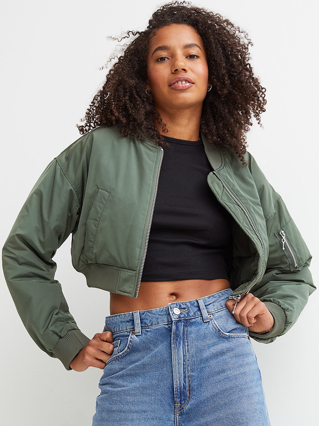 

H&M Women Green Cropped Bomber Jacket