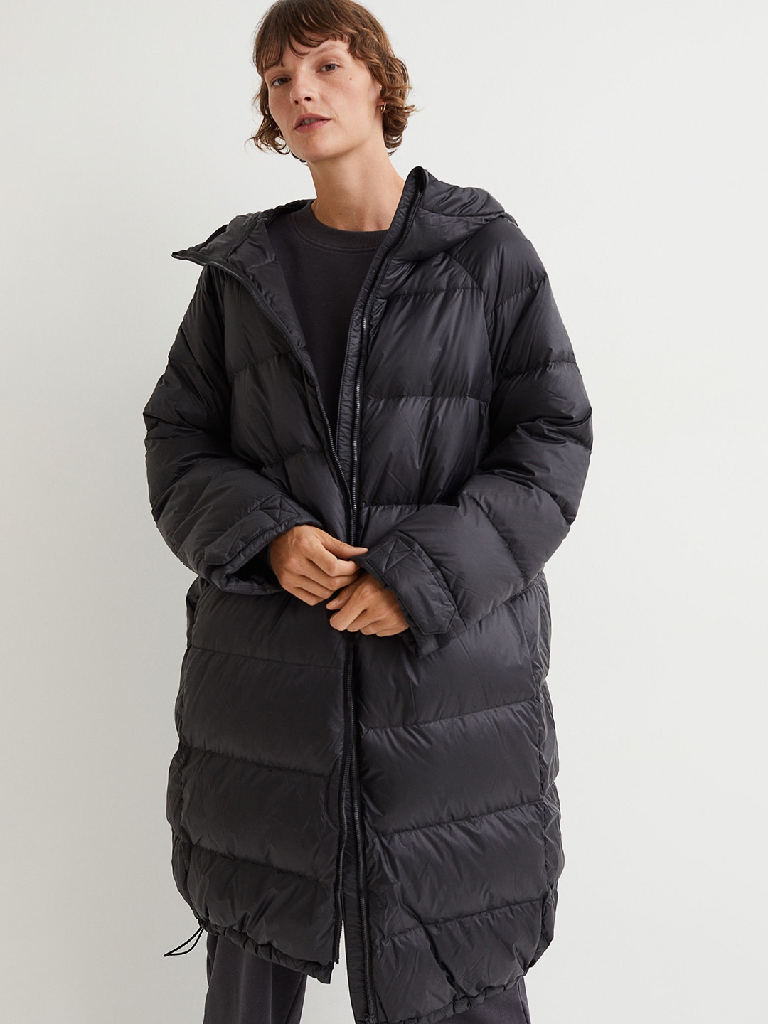 

H&M Women Black Knee-length Down Jacket