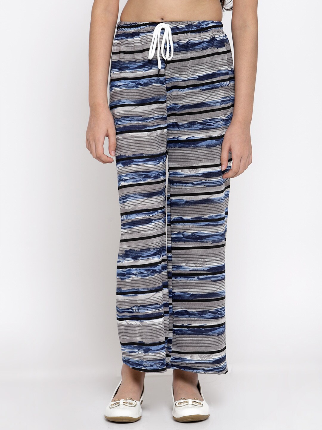 

KLOTTHE Girls Blue & Grey Striped Printed Wide Leg Palazzos