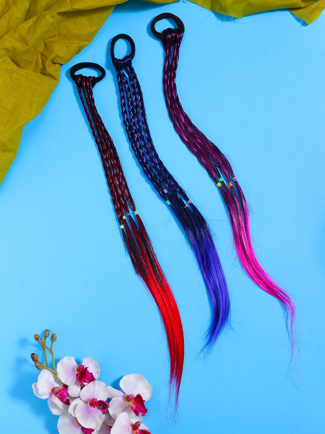 

Yellow Chimes Girls Black & Blue Set of 3 Artificial Colorful Hair Hangings