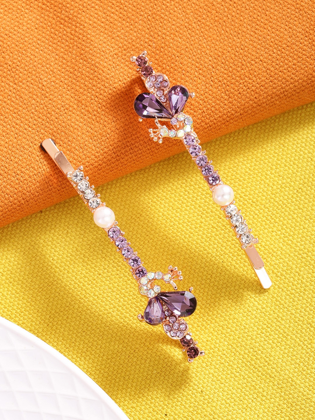 

Yellow Chimes Women Purple & Gold-Toned Set of 2 Embellished Bobby Pins