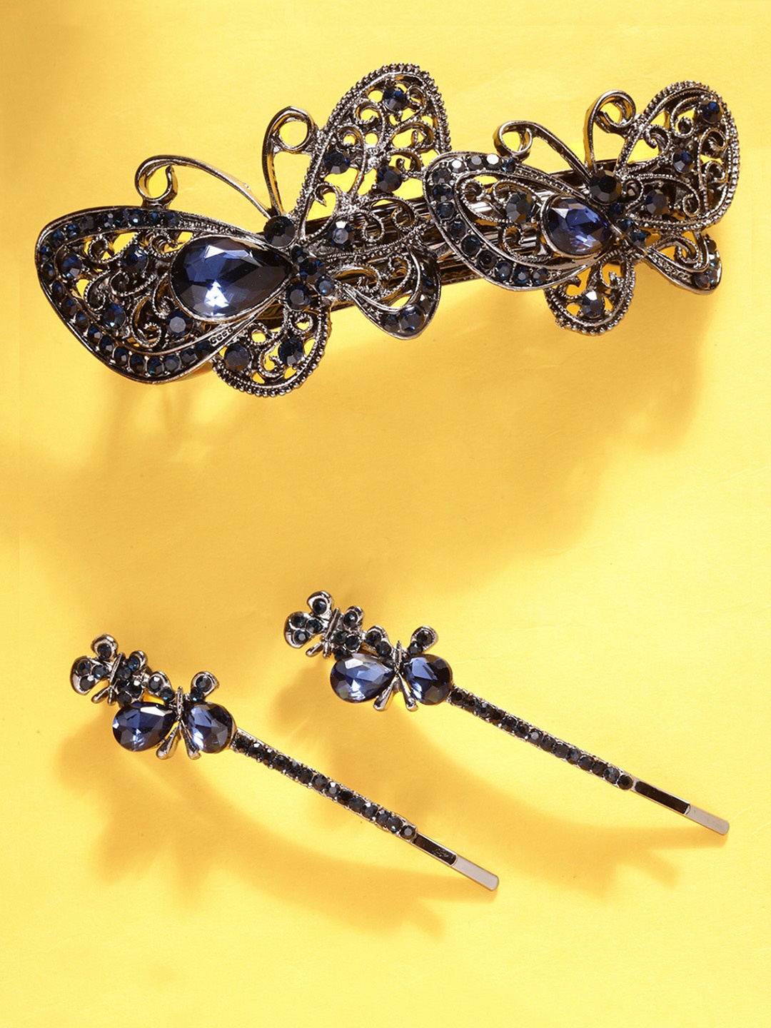 

Yellow Chimes Women Navy Blue Set of 3 Embellished Hair Accessory Set