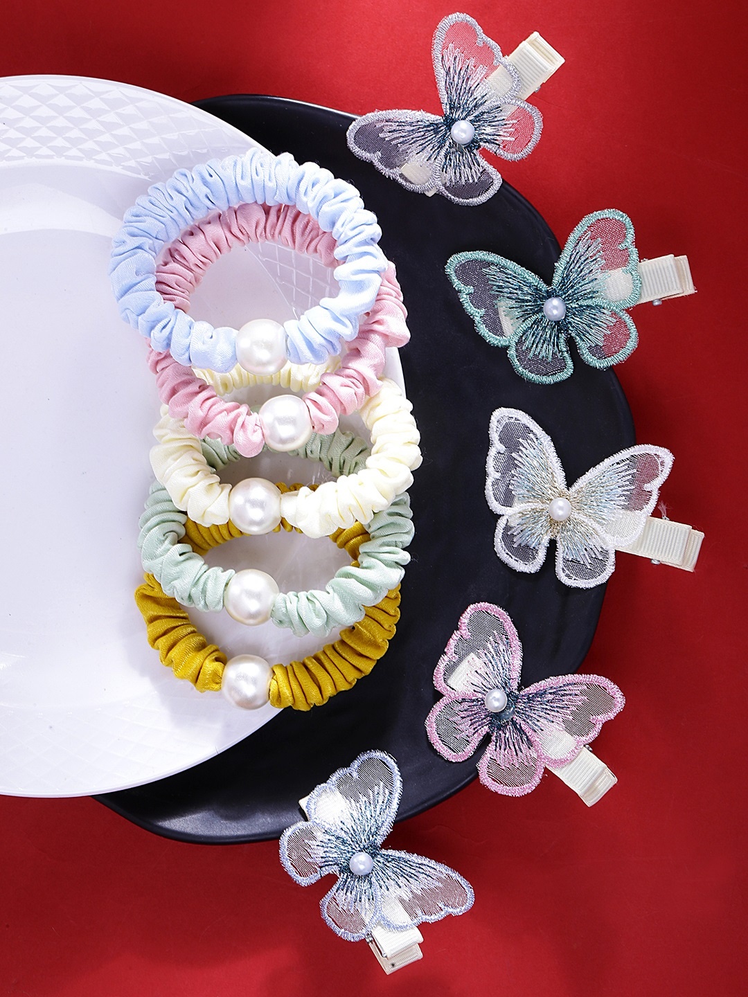 

Yellow Chimes Women Set of 10 Ponytail Holder With Butterfly Hair Clips, Blue