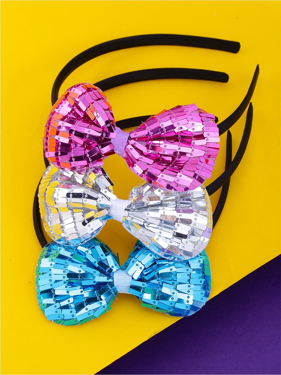 

Yellow Chimes Girls Set of 3 Party Wear Shimmering Bow Hair Bands, Pink