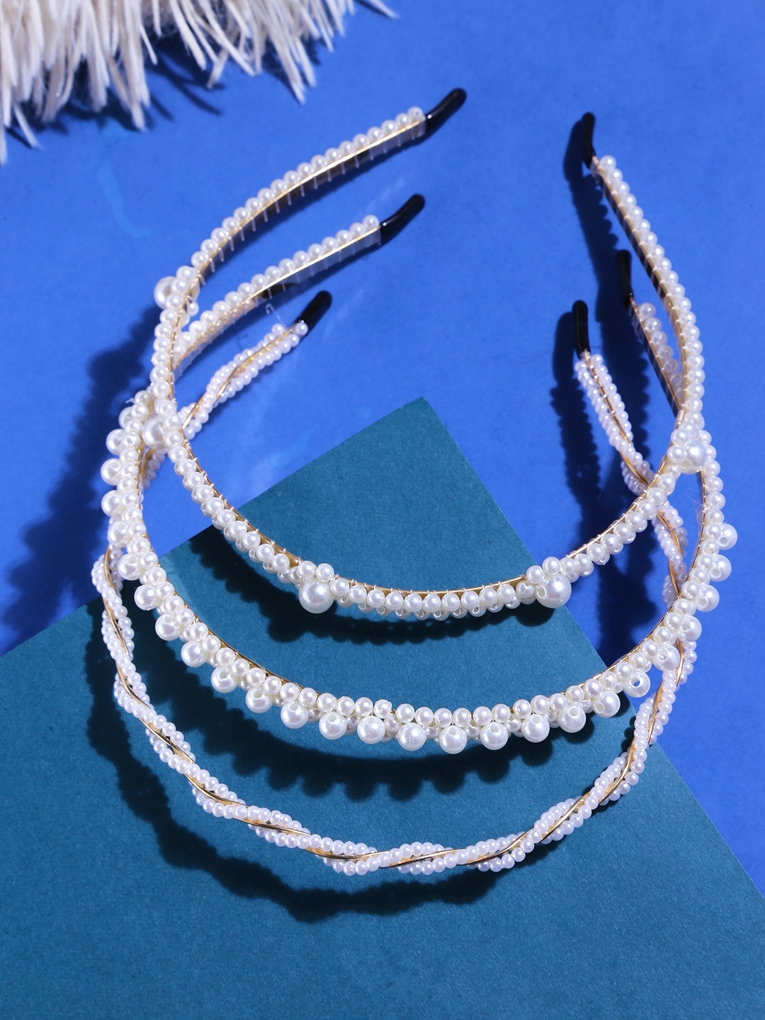 

Yellow Chimes Women White Set of 3 Embellished Hairband