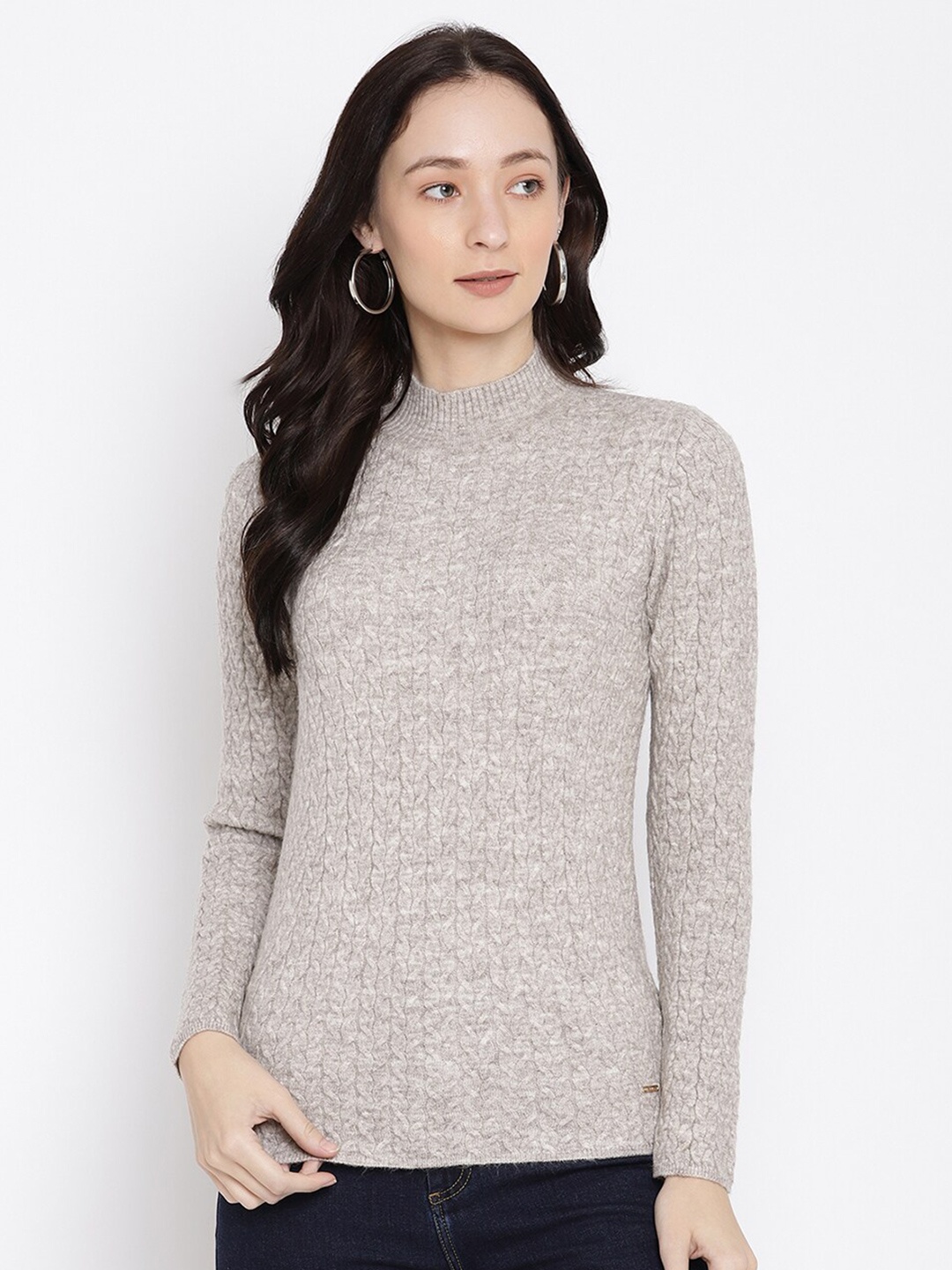 

METTLE Women Grey Open Knit Self Design Acrylic Pullover