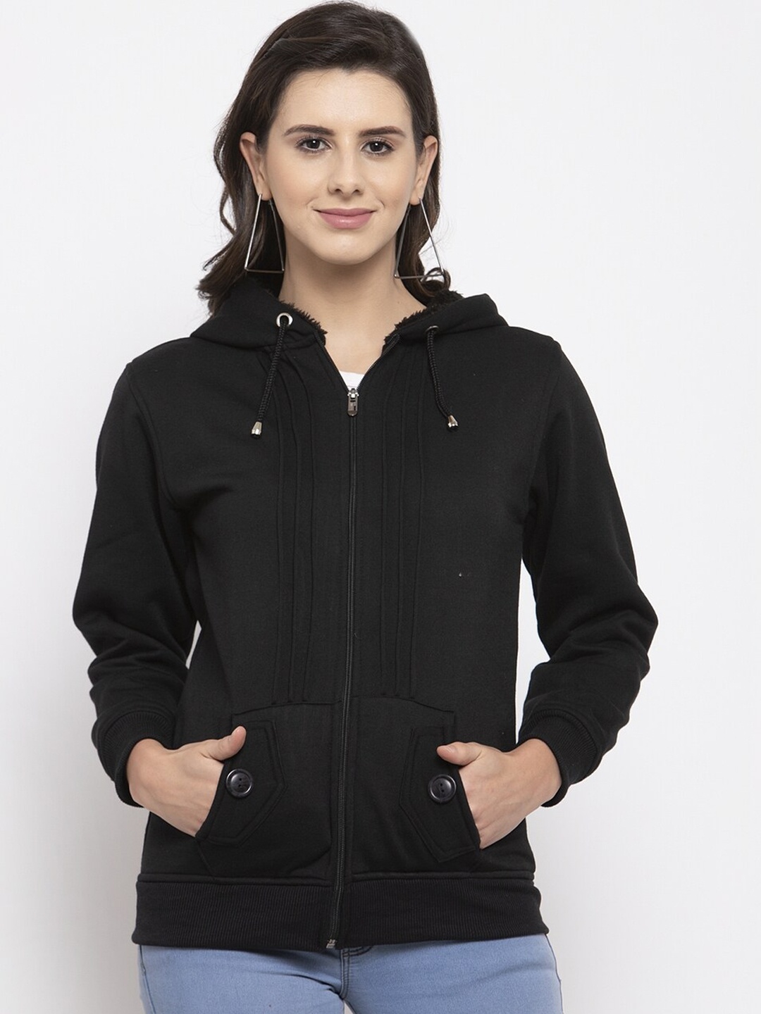 

VOXATI Women Black Solid Hooded Sweatshirt