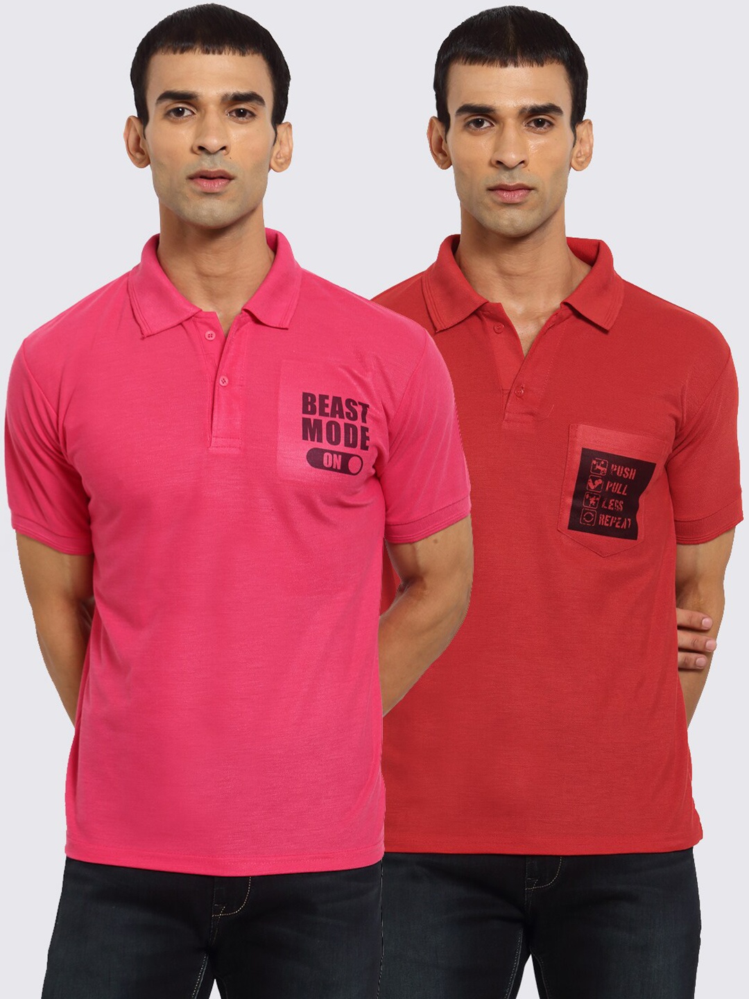 

KLOTTHE Pack of 2 Men Pink & Red Printed Polo Collar Pockets T-shirt