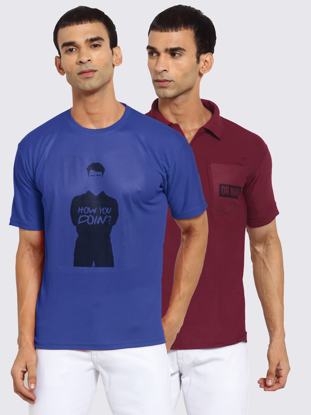 

KLOTTHE Men Pack of 2 Blue & Maroon Printed T-shirt