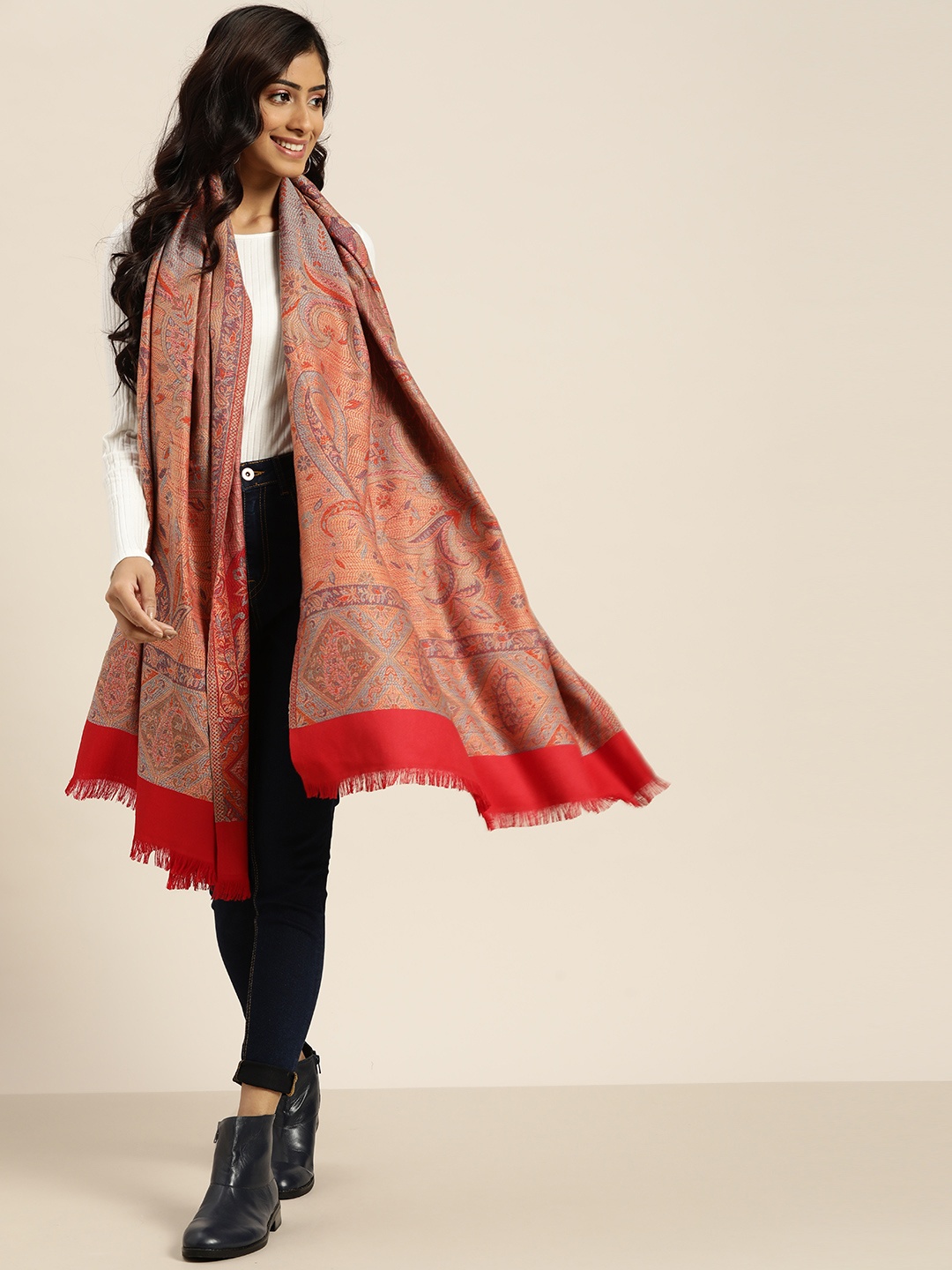 

Sangria Women Red Woven Design Stole
