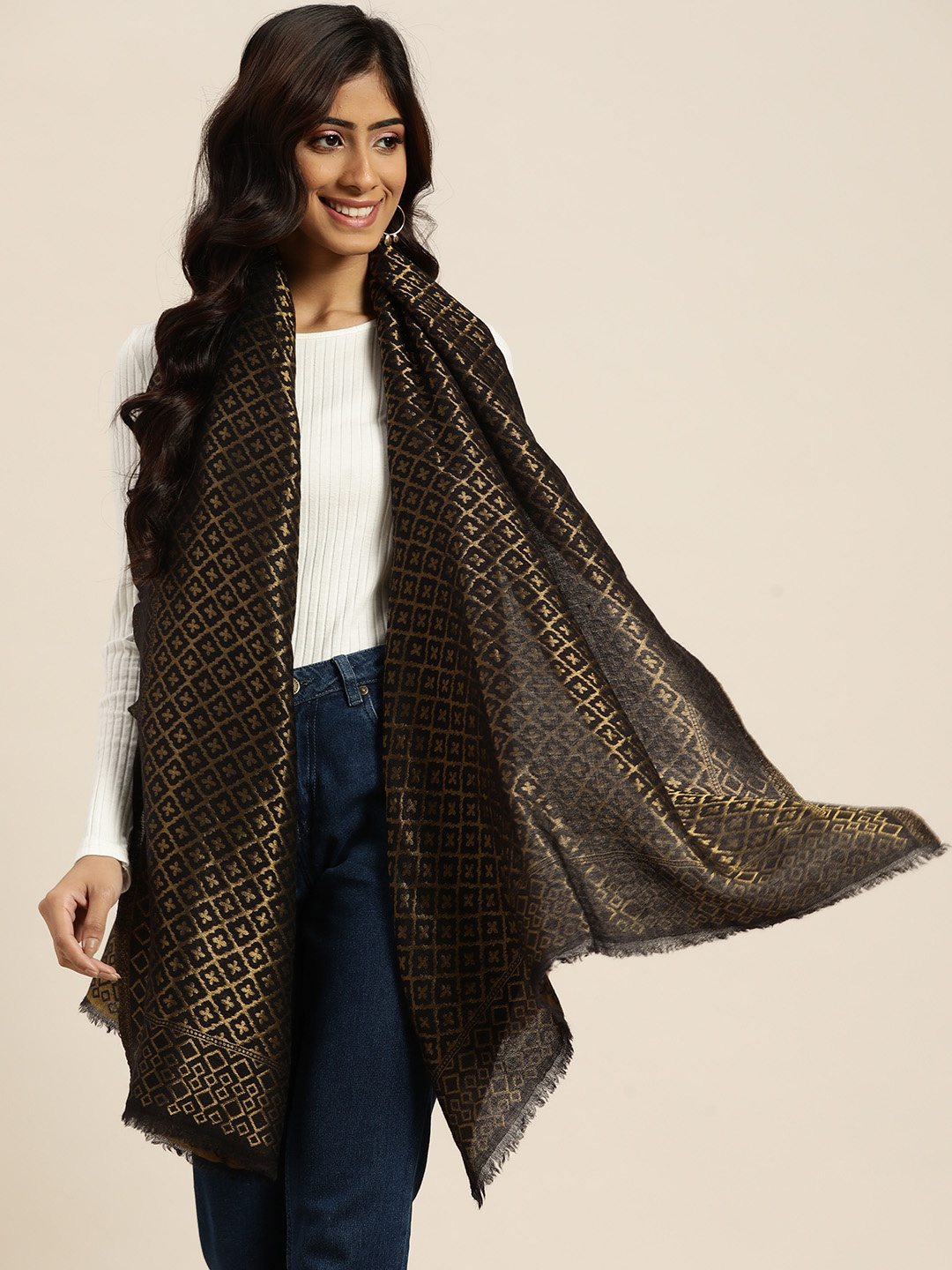

Sangria Women Black & Gold-Toned Woven Design Woollen Stole
