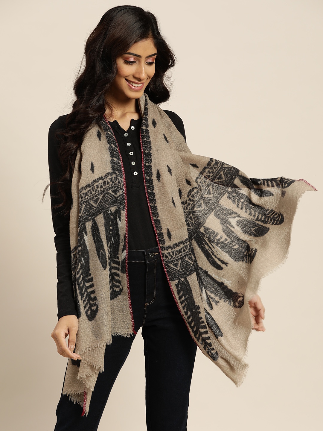 

Sangria Women Beige Feather Printed Woollen Stole