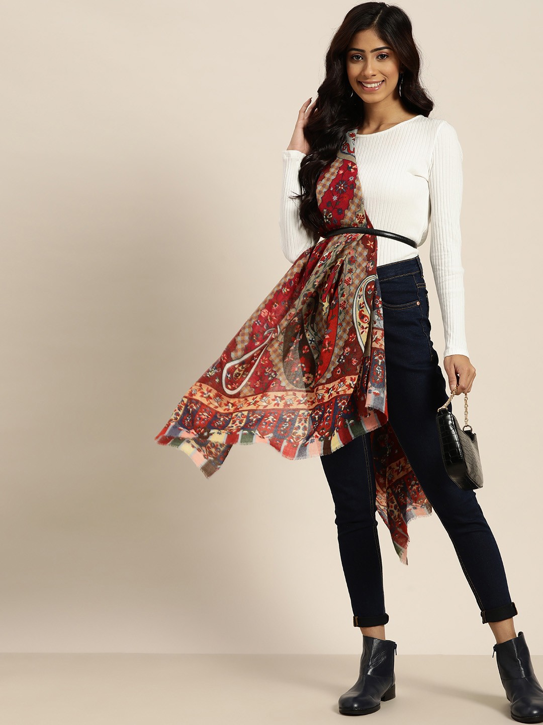 

Sangria Women Multicoloured Ethnic Motifs Printed Pure Wool Kaani Shawl, Maroon