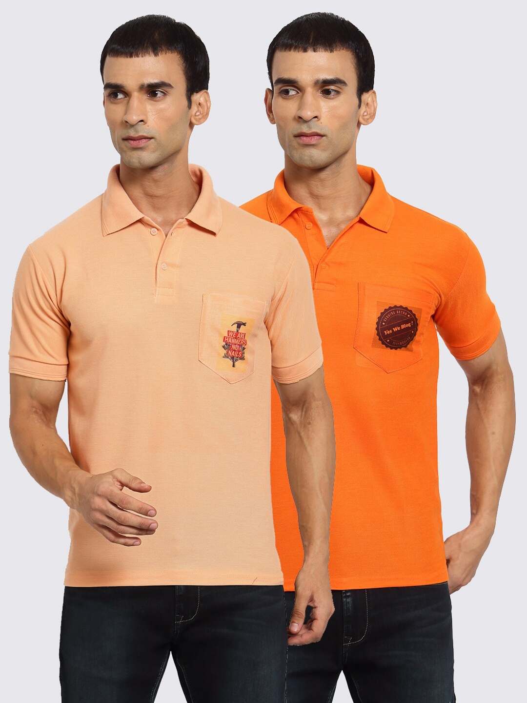

KLOTTHE Men Pack of 2 Peach-Coloured & Orange Printed Polo Collar Pockets T-shirt
