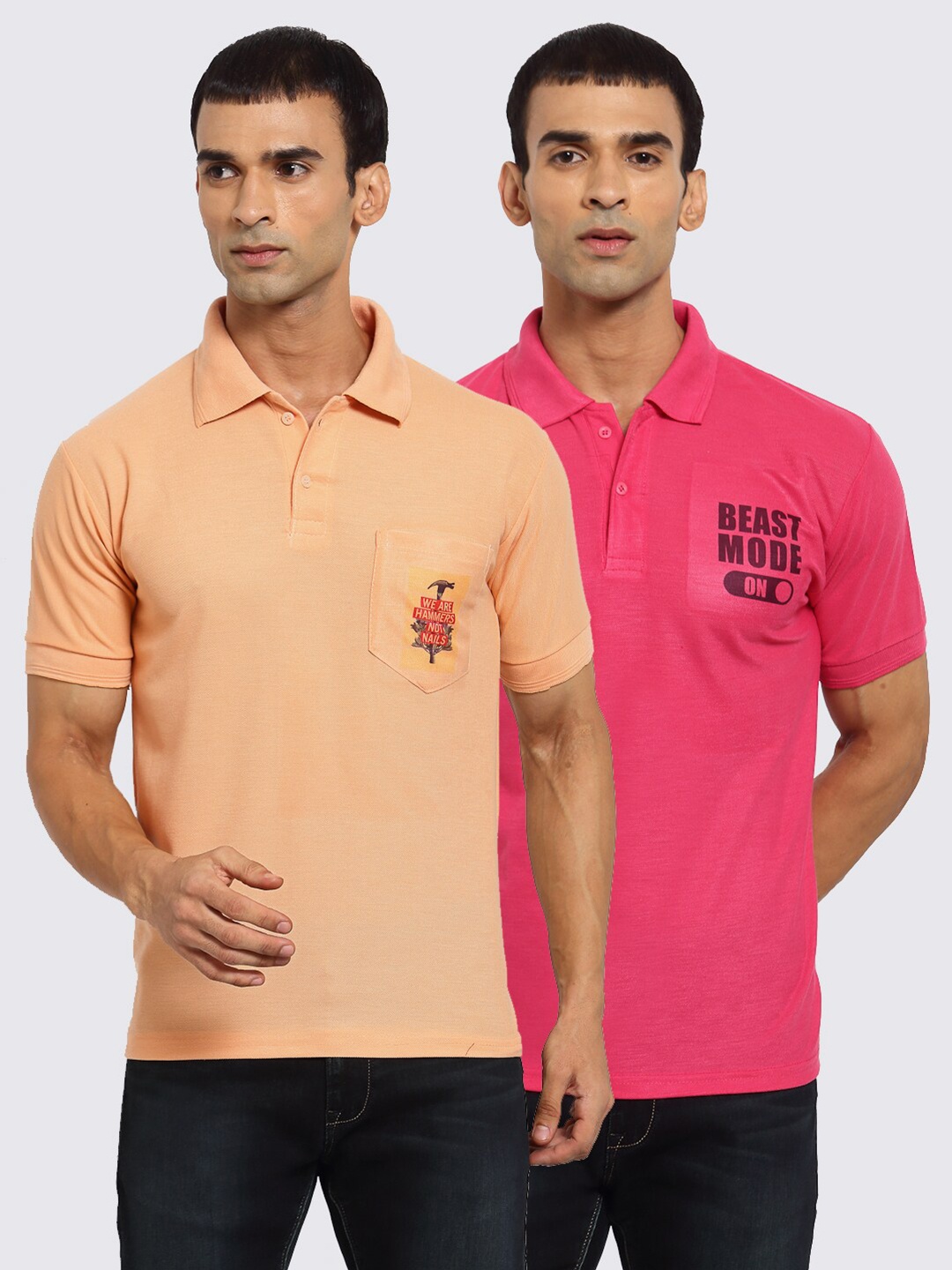 

KLOTTHE Men Peach & Pink 2 Printed Polo Collar Pockets T-shirt
