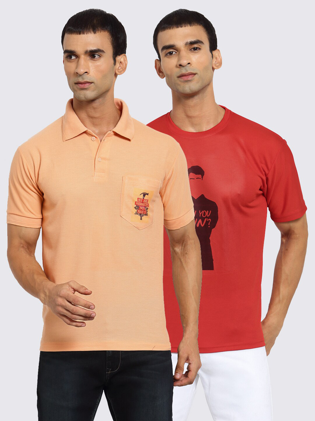 

KLOTTHE Pack of 2 Men Peach & Red Printed T-shirt